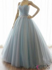 Simple-dress Handmade Strapless A-line Long Tulle Prom Dresses/Quinceanera Dresses TUPD-7643