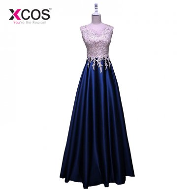 XCOS Navy Blue Luxury Long Style Prom Dresses Bling Crystal Formal Prom Party Dress Evening Dresses 2018 Floor Length