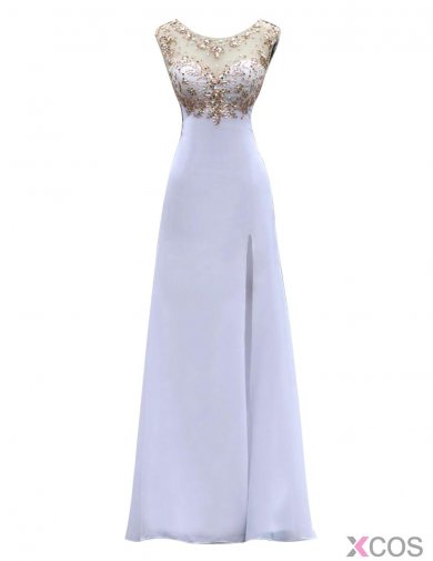 A-line Scoop Chiffon Sleeveless Backless Long White Prom/Evening Dress With Beading