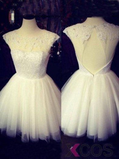 2015 Elegant A-line Short Scoop Neck Open Back Tulle Appliques Homecoming Dress TUHD-7300