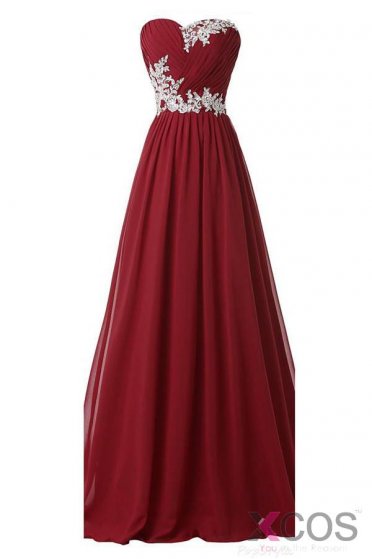 Burgundy Long Beaded Sweetheart Chiffon Lace Prom Dresses OK9