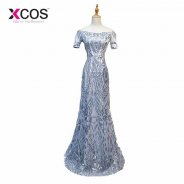 XCOS Formal Dress Off the Shoulder Grey Sequin Evening Dresses Long Abiye Gece Elbisesi Mermaid Short Sleeves Prom Gown 2018