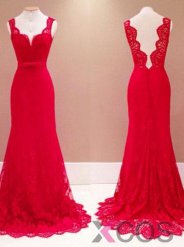 Elegant Mermaid V-ncek Long Red Backless Lace Evening/Prom Dress