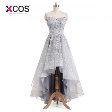 XCOS 2018 New Arrival vestido de festa Grey Lace Prom Dress High Low Applique Beads Pageant Special Dress For Women Evening Gown