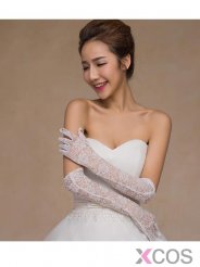 Above The Elbow Fingers Lace Bridal Gloves in White