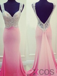 Chic Straps Sweetheart Beading Watteau Train Pink Prom Dresses Formal Evening Gowns CHPD-70896