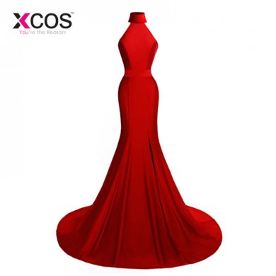 XCOS Real Photo Sexy Women Burgundy Mermaid Slit Red Purple Prom Dresses Long 2018 Formal Evening Gowns vestidos largos