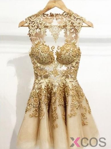 Simple-dress Handmade Scoop Short Gold Tulle 2015 Homecoming Dresses/Cocktail Dresses/Party Dresses TUPD-70676