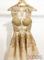 Simple-dress Handmade Scoop Short Gold Tulle 2015 Homecoming Dresses/Cocktail Dresses/Party Dresses TUPD-70676