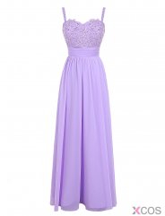 Elegant A-line Spaghetti Straps Chiffon Sleeveless Long Lilac Prom Dress With Appliques