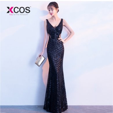 XCOS New Elegant Long black Sequin Evening Dress vestido de festa Sexy Backless robe longue prom gowns Formal Party dress