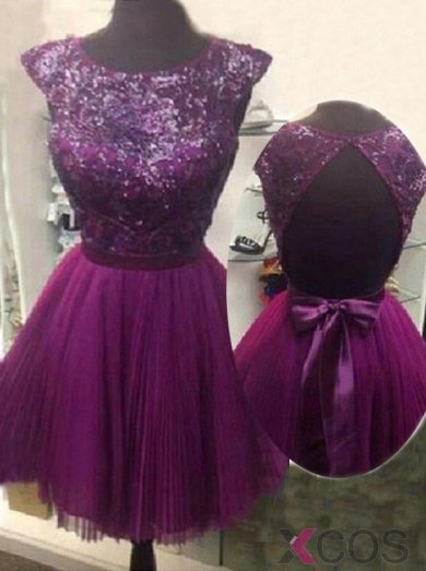 2015 Charming A-line Capped Backless Bow Tulle Sequin Homecoming Dress TUHD-7278