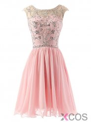 A-line Scoop Short Chiffon Sleeveless Pink Prom/Homecoming Dress With Beading