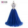 XCOS Custom Made Royal Blue Lace Halter Prom Dresses Elegant A Line Cheap Long Dress for Evening Party Gowns vestido de gala