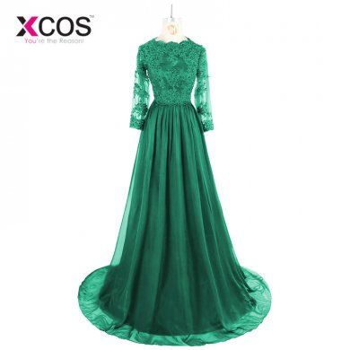 Vestidos De Festa 2018 Dubai Dark Green Muslim Evening Dresses with Long Sleeves Lace Appliques Prom Dresses A-Line Formal Gown