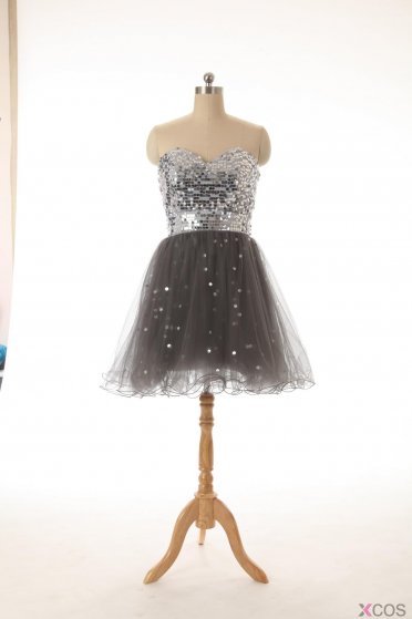 2015 Sexy A-line Sweetheart Knee-length Zipper-up Tulle Sequins Homecoming Dress TUHD-7364