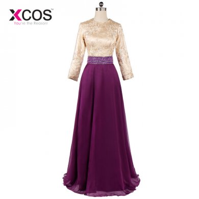 Long Sleeve Muslim Prom Dress Bow Purple Lace Dubai Moroccan Kaftan Hijab Evening Dresses SA712