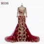 Abaya Moroccan kaftan Dubai Long Sleeve Mermaid Evening Dresses 2018 Red Gold Lace Applique Beads Formal vestido de festa