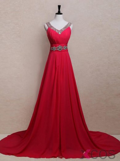 Simple Dress Popular A-line Rhinestones V-neck Long Chiffon Prom Dresses/Evening Dresses CHPD-7013