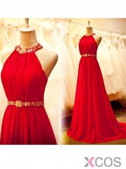 Simple Dress A-line Beading Halter Long Chiffon Red Prom Dresses/Evening Dresses/Wedding Reception Dresses CHPD-7006