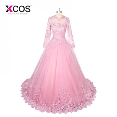 New Arrival Pink Muslim Prom Dresses Elegant Lace Long Sleeve Vestido De Noiva Appliques Beading Ball Gown Evening Dress SC141