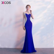 Abendkleider Real Photos Mermaid Gowns Tulle Crystal Royal Blue Color Party Occasion Formal Long Evening Dress 2018 robe longue