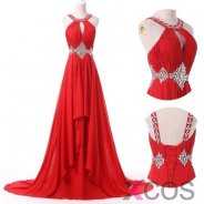 A-line Halter Court Train Chiffon Empire Lace-up Red Long Prom Dress Evening Gowns