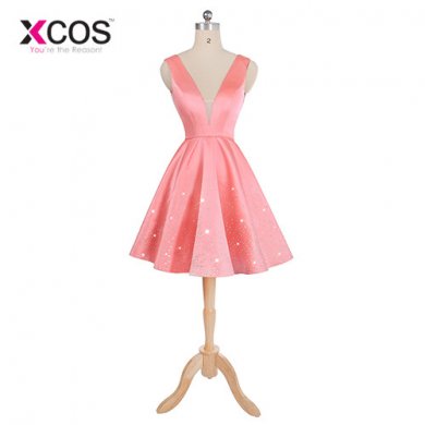 XCOS Pink Beaded Homecoming Dresses 2018 Deep V Neck Back Soft Party Dresses Mini Dress Graduation Dresses vestido graduacion