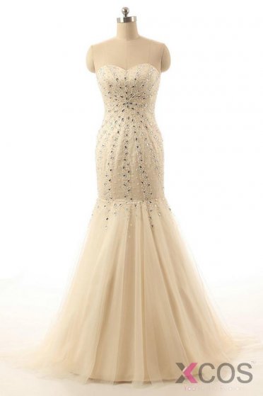 Mermaid Open Back Sweetheart Long Champagne Prom Dresses ED1015