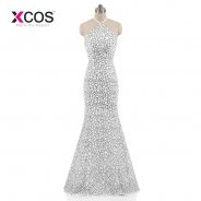 XCOS Luxury White Mermaid Evening Dresses Halter Peacock Sleeveless Pattern Crystal Sexy Evening Gown 2018 Real Photo