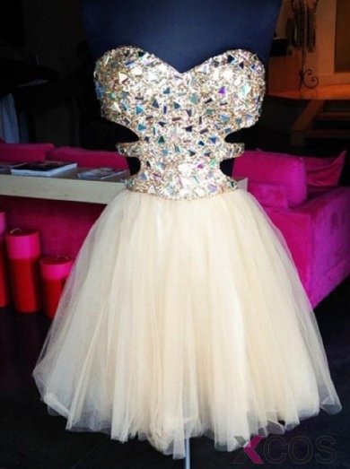 Simple Dress Stunning S-line Sparkle Short Beige Tulle Prom Dresses/Homecoming Dresses/Party Dresses/Cocktail Dresses TUPD-7138