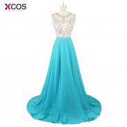 XCOS Formal Prom Dresses Long Women Elegant Scoop Sleeveless Blue Beaded Party Gowns Dresses 2017 New