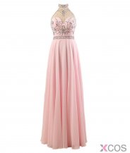 Sexy Halter Long Beading Chiffon Backless Pink Prom Dress Evening Gowns