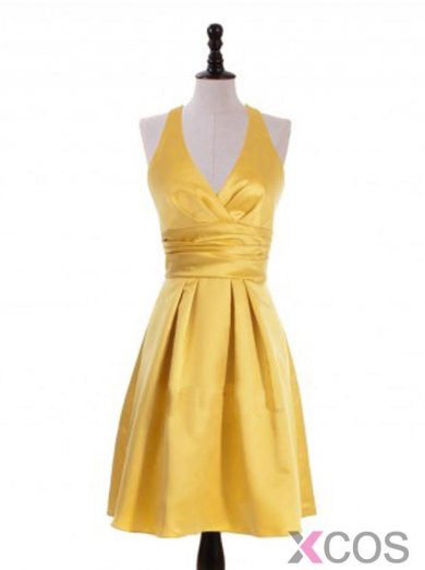 Simple A-Line Halter Knee Length Yellow Bridesmaid Dress with Ruched