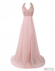 Elegant A-line Sweep Train Chiffon Backless Pink Long Prom Dress Evening Gowns With Appliques