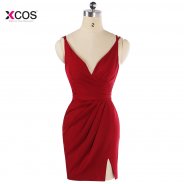 Sexy Straps V Neck Short Cocktail Dresses Knee Length Side Slit Evening Party Dress Summer Above Knee Mini Cocktail Dress