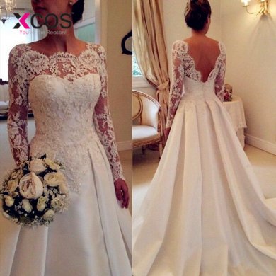 XCOS White Ivory Long Sleeve Lace Wedding Dresses 2018 Casamento Sheer A Line Custom Made Bridal Gowns Open Back Robe De Mariee