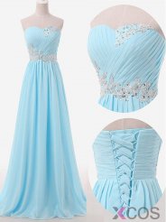 Simple A-line Sweetheart Floor Length Sky Blue Bridesmaid Dress with Beading