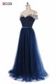 XCOS Elegant Off the Shoulder Navy Blue Prom Dresses 2018 Beading Tulle Crystal Long Evening Gowns abiti da cerimonia donna