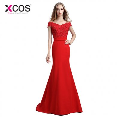 XCOS Robe De Soiree Mermaid Burgundy Pink Red Lace Long Evening Dresses Sexy Crysta Mother of the Bride Dresses Vestido De Festa