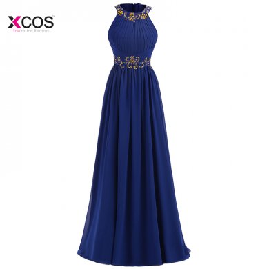 Blue O-Neck Chiffon Gold Beads Long Evening Dresses Sleeveless Appliques Pleat Robe De Soiree Formal Dress Sweep Train Prom Gown