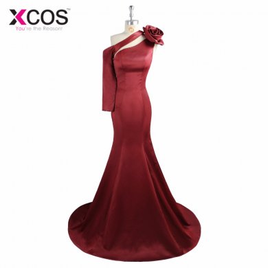 XCOS Burgundy Prom Dresses 2018 New Arrival Women Elegant One Shoulder Mermaid Long Summer Style Party Dresses SC87