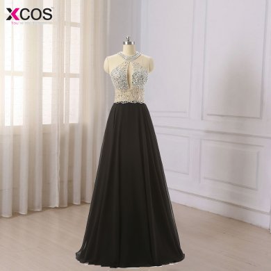 A-Line Halter Black Chiffon Long Evening Dresses 2018 Sexy Backless Beading Floor Length Prom Party Dress