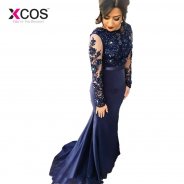 XCOS Vestidos Navy Blue High Neck Lace Mermaid Party Gowns 2018 Long Sleeves Appliqued Party Gowns Prom Dress