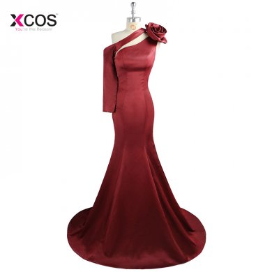 Arabic Burgundy Mermaid Evening Dresses One Shoulder Long Sleeve Flower Vestido de Festa Longo Elegant Evening Party Prom Dress