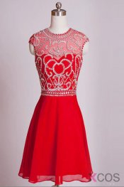 Homecoming Dresses Red Chiffon Cap Sleeves Short Prom Dress ED0658