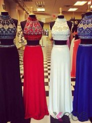 Long Two-pieces Prom Dress Party Dress- High-neck Chiffon Beaded