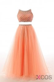 Two Pieces Orange Red Beaded Long Prom Graduation Dresses ED0965