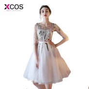 XCOS Real Picture Women Prom Dresses 2018 Sexy Black Prom Dress Short Party Scoop Tulle Appliques Lace Up Prom Gowns Evening