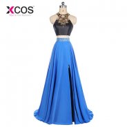 XCOS Gala Jurken Two Piece Royal Blue Crystal A Line Cheap Prom Dresses 2018 vestido formatura Evening Dress Elegant